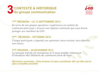 -
CONTEXTE & HISTORIQUE  
du groupe communication
1ÈRE RÉUNION – LE 13 SEPTEMBRE 2013
Se servir de nos propres questions / expériences en matière de
communication pour y trouver une réponse commune que nous ferons
partager aux membres du LED.
!
2ÉME RÉUNION – OCTOBRE 2013
Chaque participant a répondu aux questions (mon existant, mes objectifs,
mes freins).
!
3ÉME RÉUNION – 20 NOVEMBRE 2013
La formule initiale est maintenue et il nous semble intéressant
d’introduire des éléments de communication de base.
!
Réunions suivantes : faire évoluer la base constituée afin qu’elle soit la
plus complète possible
3
 