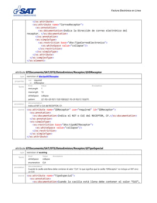 Factura Electrónica en Línea
</xs:attribute>
<xs:attribute name="CorreoReceptor">
<xs:annotation>
<xs:documentation>Indica la Dirección de correo electrónico del
receptor. </xs:documentation>
</xs:annotation>
<xs:simpleType>
<xs:restriction base="dte:TipoCorreoElectronico">
<xs:whiteSpace value="collapse"/>
</xs:restriction>
</xs:simpleType>
</xs:attribute>
</xs:complexType>
</xs:element>
attribute GTDocumento/SAT/DTE/DatosEmision/Receptor/@IDReceptor
type restriction of dte:tipoNITReceptor
properties use required
id IDReceptor
facets Kind Value Annotation
minLength 1
maxLength 13
whiteSpace collapse
pattern (([1-9])+([0-9])*(-?)([0-9]|K))|(([1-9]+[0-9]){12,13})|(CF)
annotation documentation
Indica el NIT o CUI del RECEPTOR, CF.
source <xs:attribute name="IDReceptor" use="required" id="IDReceptor">
<xs:annotation>
<xs:documentation>Indica el NIT o CUI del RECEPTOR, CF.</xs:documentation>
</xs:annotation>
<xs:simpleType>
<xs:restriction base="dte:tipoNITReceptor">
<xs:whiteSpace value="collapse"/>
</xs:restriction>
</xs:simpleType>
</xs:attribute>
attribute GTDocumento/SAT/DTE/DatosEmision/Receptor/@TipoEspecial
type restriction of xs:string
facets Kind Value Annotation
whiteSpace collapse
enumeration CUI
annotation documentation
Cuando la casilla está llena debe contener el valor “CUI”, lo que significa que la casilla “IDReceptor” no incluye un NIT sino
un CUI.
source <xs:attribute name="TipoEspecial">
<xs:annotation>
<xs:documentation>Cuando la casilla está llena debe contener el valor “CUI”,
 