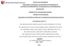 ESCUELA DE POSGRADO
PROGRAMA ACADÉMICO DE MAESTRÍA EN INGENIERÍA DE
SISTEMAS CON MENCIÓN EN TECNOLOGÍAS DE LA INFORMACIÓN
ASIGNATURA:
GERENCIA DE TELECOMUNICACIONES
PROYECTO INTEGRADOR:
ESQUEMA DE GESTIÓN DE DATOS DE IOT BASADO EN BLOCKCHAIN CON 6G
INTEGRANTES GRUPO “2”
ING. BROWN JIMENEZ, MARCOS AUGUSTO (ORCID: 0000-0003-1747-7959)
ING. BONIFACIO DE LA CRUZ, JAVIER ENRIQUE (ORCID: 0000-0002-6733-3278)
ING. MENDOZA LIZANA, YENI ELIZABETH (ORCID: 0000-0002-9246-5117)
ING. NEYRA VALDIVIA, LIBER (ORCID: 0000-0003-2528-0654)
ING. VALENZUELA QUISPE, MARTIN (ORCID: 0000-0003-1446-1636)
ING. VERGARA ROSAS, CRISTHIAN ALBERTO (ORCID: 0000-0002-3523-8743)
DOCENTE
DR. PEDRO MARTIN LEZAMA GONZALES
LIMA – PERÚ
2022
 