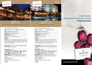 GHANA                                                                   GHANA
                                                                 Accra                                                                  Kumasi




                 GOLDEN TULIP                                                               GOLDEN TULIP
                ACCRA - HOTEL                                                           KUMASI CITY - HOTEL
The perfect place to discover the charms of Africa                                    Great ambiance, nice people!


    Liberation Road, P.O. Box 16033 Accra                                   Rain Tree Street, PO BOX KS 5191 Kumasi
          +233 030 221 31 61              +233 302 775 361                        +233 322 083 777                +233 322 083 711
          info@goldentulipaccrahotel.com                                          info@goldentulipkumasicity.com
             www.goldentulipaccrahotel.com                                           www.goldentulipkumasicity.com
                     Mr. Sajid Khan                                                         Mr. Xavier Hubert
            Accra ‘Kotoka International’ (2 km)                                     Kumasi Airport (4 km)


               The hotel is centrally located close to the airport and                 The property, a world class business & leisure hotel,
    offers a serene, safe and appealing environment, food & beverage        is situated in the heart of Kumasi’s garden city. The hotel is set
    variety, recreational outlets and friendly staff. This makes it ideal   in tropical gardens offering an amazing view of the city. Its close
    for both business and leisure.                                          proximity gives easy access to main business district.

                     Buffet & à la carte style BRANCHE Restaurant,                            A full service 110 seater restaurant offering
    Bar & Lounge, pool bar and casino.                                      buffet & A la Carte selections. Three bars: Lounge Bar, Pool Bar,
                                                                            Pit Stop Bar.
                    238 rooms                                                               160 rooms
    AcaodqC8r90T5                                                           AcafodCr90Tk2
    2V%ZOBYhKG                                                              PV%ZOBYMKxG
                        Our well equipped functional conference                                 Our meeting rooms are ideal, for team
    rooms are ideal for meetings, product launches, receptions and          building events,corporate functions, product launches, private
    banquets.                                                               dining, and banquets.
    Number of meeting rooms: 5                                              Number of meeting rooms: 9
    Max. persons: 350                                                       Max. persons: 550
    Smallest - Largest room: From 36m2 to 213m2                             Smallest - Largest room: From 24m2 to 600m2
    Ln                                                                      Ln
                                                                                                                                                  51
 