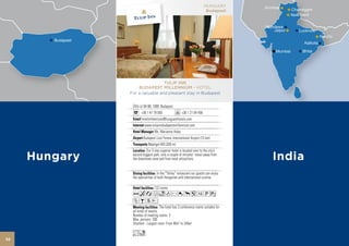 HUNGARY
                                                              Budapest




                      TULIP INN
         BUDAPEST MILLENNIUM - HOTEL
     For a valuable and pleasant stay in Budapest


      Üllöi út 94-98, 1089 Budapest
            +36 1 47 78 000                +36 1 21 04 458
            hotelmillennium@hunguesthotels.com
              www.tulipinnbudapestmillennium.com
                      Ms. Marianna Huba
              Budapest Liszt Ferenc International Airport (15 km)
                 Népliget-M3 (300 m)
                Our 3-star superior hotel is located next to the city’s
      second biggest park, only a couple of minutes’ travel away from
      the downtown area and from most attractions.


                         In the “Törley” restaurant our guests can enjoy
      the specialities of both Hungarian and international cuisine.

                      122 rooms
      Acafodr0p51Pw
      ZBsE
                           The hotel has 3 conference rooms suitable for
      all kinds of events.
      Number of meeting rooms: 3
      Max. persons: 200
      Smallest - Largest room: From 40m2 to 240m2

      Lo
52
 