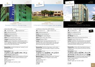 INDIA                                                                     INDIA
                                                          Lucknow                                                                   Mandawa




                TULIP INN                                                                  TULIP INN
          LUCKNOW - HOTEL                                                             MANDAWA - HOTEL
  Business or Pleasure... The way to stay                             In the heart of the world’s biggest open art gallery


6 Station Road, 226001 Lucknow                                            2 Km Milestone, Fatehpur Road, 333704 Mandawa
      +91 522 672 20 00               +91 522 672 24 32                         +91 159 251 51 51               +91 159 251 51 50              NEW
                                                                                                                                               HOTEL
      info@tulipinnlucknow.com                                                  info@tulipinnmadawa.com
         www.tulipinnlucknow.com                                                   www.tulipinnmandawa.com
                Mr. Prashant Tikkha                                                       Mr. Jawahar Mangawa
        Amausi International Airport (14 km)                                      Sanganer Airport, Jaipur (180 km)
           Charbagh Railway Station (1500 m)                                          Mandawa (1000 m)
           Located on Station Road, a 10 minute drive to city’s                     Situated in the clean and calm environs. This
center – Hazratganj, a commercial , business and shopping centre.         picturesque resort is within walking distance of all major tourist
Just off Vidhan Sabha Marg close to city’s Charbagh Railway               attractions of the city and in close proximity to the sand dunes.
Station and most other tourist attractions.                               Well connected with major Highways of the state.

                  Located at the lobby level, ‘Lucknow 6’ is an all                         The hotel’s all day dining is a multi–cuisine
day restaurant with bar.                                                  restaurant and bar that accommodates 140 guests, and overlooks
                                                                          the countryside.
                46 rooms                                                                  74 rooms
AcafndqCt8r0T                                                             AcafdqC8r0T52
52PVZBxD                                                                  PVZOBYxEG
                     Boardroom can accommodate up to 20 guests.                             Fully equipped business centre. Conference
Senate Hall is ideal for small to medium conferences for up to            Hall can accommodate up to 175 guests in various seating
80 guests.                                                                arrangements.
Number of meeting rooms: 2                                                Number of meeting rooms: 1
Max. persons: 80                                                          Max. persons: 175
Smallest - Largest room: From 33m2 to 143m2                               Largest room: 200m2
n                                                                         Ln
                                                                                                                                                   55
 
