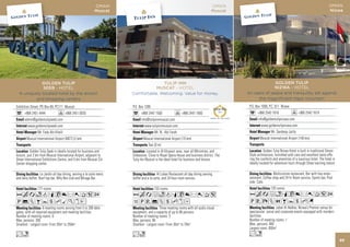 OMAN                                                                  OMAN                                                                     OMAN
                                                             Muscat                                                                Muscat                                                                   Nizwa




             GOLDEN TULIP                                                            TULIP INN                                                              GOLDEN TULIP
              SEEB - HOTEL                                                        MUSCAT - HOTEL                                                           NIZWA - HOTEL
  A uniquely located hotel by the airport                              Comfortable. Welcoming. Value for money.                               An oasis of peace and tranquility set against
          and shopping centers                                                                                                                     the magnificient Hajar mountain
Exhibition Street, PO Box 69, PC111 Muscat                             P.O. Box 1285                                                           P.O. Box 1000, P.C. 611 Nizwa
      +968 2451 4444                  +968 2451 0055                         +968 2447 1500                 +968 2447 1600             2011
                                                                                                                                                     +968 2543 1616                 +968 2543 1619
      admin@goldentulipseeb.com                                              info@tulipinnmuscat.com                                                 info@goldentulipnizwa.com
         www.goldentulipseeb.com                                               www.tulipinnmuscat.com                                                  www.goldentulipnizwa.com
                Mr. Fady Abi-Khalil                                                    Mr. N. Abi Farah                                                        Mr. Sandeep Jaitly
        Muscat International Airport (MCT) (2 km)                              Muscat International Airport (15 km)                                    Muscat International Airport (140 km)
                                                                                  Taxi (0 m)
           Golden Tulip Seeb is ideally located for business and                  Located in Al Khuwair area, near all Ministries, and                    Golden Tulip Nizwa Hotel is built in traditional Omani
leisure, just 2 km from Muscat International Airport, adjacent to      Embassies. Close to Royal Opera House and business district. The        Style architecture, furnished with care and excellent taste offe-
Oman International Exhibitions Centre, and 5 km from Muscat Citi       Tulip Inn Muscat is the ideal hotel for business and leisure.           ring the comforts and amenities of a luxurious hotel. The hotel is
Center shopping center.                                                                                                                        ideally located for adventure tours through Oman’exciting nature

                   Le Jardin all day dining, serving a la carte menu                      Al Luban Restaurant all day dining serving                             Multicuisine restaurant, Bar with live enter-
and daily buffet. Roof top bar, Why Not club and Mirage Bar.           buffet and a la carte, and 24 hour room service.                        tainment, Coffee shop and 24 hr Room service, Sports bar, Pool
                                                                                                                                               side Cafe.
                177 rooms                                                              153 rooms                                                               120 rooms
AcaodqC8r0T52                                                          AcafodqC8r0T5                                                           AcafnqC8r0T52
P%ZBYshMKxE                                                            1PV%ZshxD                                                               PVXZOBYshG
                     6 meeting rooms serving from 5 to 300 dele-                           Three meeting rooms with all audio visual                               Jabal Al Akdhar, Nizwa’s Premier venue for
gates, with all required equipment and meeting facilities.             equipment, and a capacity of up to 80 persons.                          spectacular social and corporate events equipped with mordern
Number of meeting rooms: 6                                             Number of meeting rooms: 3                                              facilities.
Max. persons: 300                                                      Max. persons: 80                                                        Number of meeting rooms: 1
Smallest - Largest room: From 30m2 to 350m2                            Smallest - Largest room: From 30m2 to 70m2                              Max. persons: 400
                                                                                                                                               Largest room: 450m2
Ln                                                                     Lo                                                                      Ln
                                                                                                                                                                                                                    89
 