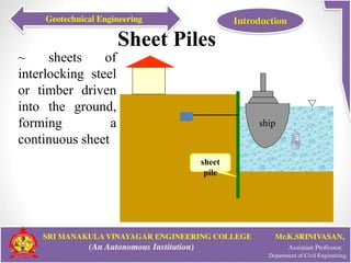 Sheet Piles
17
~ sheets of
interlocking steel
or timber driven
into the ground,
forming a
continuous sheet
ship
warehou
se
sheet
pile
 