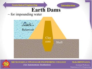 Earth Dams
22
~ for impounding water
soil
Reservoir
Clay
core Shell
 