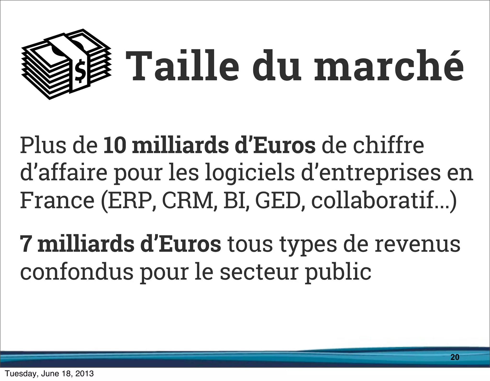20
Plus de 10 milliards d’Euros de chiffre
d’affaire pour les logiciels d’entreprises en
France (ERP, CRM, BI, GED, collaboratif...)
7 milliards d’Euros tous types de revenus
confondus pour le secteur public
Taille du marché
 