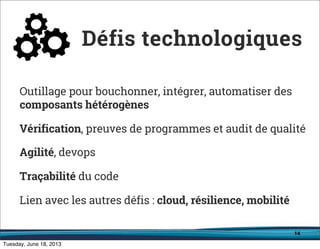 14
Outillage pour bouchonner, intégrer, automatiser des
composants hétérogènes
Vérification, preuves de programmes et audit de qualité
Agilité, devops
Traçabilité du code
Lien avec les autres défis : cloud, résilience, mobilité
Défis technologiques
 
