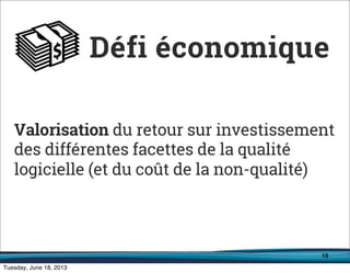 15
Valorisation du retour sur investissement
des différentes facettes de la qualité
logicielle (et du coût de la non-qualité)
Défi économique
 