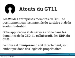 22
Les 2/3 des entreprises membres du GTLL se
positionnent sur les marchés du tertiaire et de la
e-administration
Offre applicative et de services riche dans les
domaines de la GED, du collaboratif, des ERP, du
CRM...
Le libre est omniprésent, soit directement, soit
embarqué dans des logiciels propriétaires
Atouts du GTLL
 