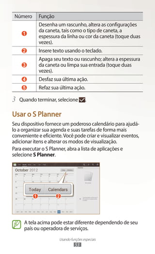 Usando funções especiais
53
Número Função
1
Desenha um rascunho, altera as configurações
da caneta, tais como o tipo de caneta, a
espessura da linha ou cor da caneta (toque duas
vezes).
2 Insere texto usando o teclado.
3
Apaga seu texto ou rascunho; altera a espessura
da caneta ou limpa sua entrada (toque duas
vezes).
4 Desfaz sua última ação.
5 Refaz sua última ação.
3	 Quando terminar, selecione .
Usar o S Planner
Seu dispositivo fornece um poderoso calendário para ajudá-
lo a organizar sua agenda e suas tarefas de forma mais
conveniente e eficiente.Você pode criar e visualizar eventos,
adicionar itens e alterar os modos de visualização.
Para executar o S Planner, abra a lista de aplicações e
selecione S Planner.
1 2
A tela acima pode estar diferente dependendo de seu
país ou operadora de serviços.
 