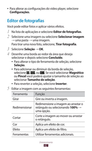 ●●   Para alterar as configurações do video player, selecione
     Configurações.

Editor de fotografias
Você pode editar fotos e aplicar vários efeitos.
1	 Na lista de aplicações e selecione Editor de fotografias.
2	 Selecione uma imagem ou selecione Selecionar imagem
      → uma pasta → uma imagem.
      Para tirar uma nova foto, selecione, Tirar fotografia.
3	    Selecione Seleção → OK.
4	    Desenhe uma borda ao redor da área que deseja
      selecionar e depois selecione Concluído.
      ●● Para alterar o tipo de ferramenta de seleção, selecione
         Seleção.
      ●● Para adicionar ou diminuir da borda de seleção,
         selecione , , ou . Se você selecionar Magnético
         ou Pincel você poderá ajustar o tamanho de seleção ao
         selecionar Tamanho de seleção.
      ●● Para reverter a seleção, selecione Inverter.

5	    Editar a imagem com as seguintes ferramentas:
       Ferramenta        Função
       Girar             Gire ou inverta a imagem.
                         Redimensione a imagem ao arrastar o
       Redimensionar     retângulo ou selecionando 100% →
                         uma opção.
                         Corte a imagem ao mover ou arrastar
       Cortar
                         o retângulo.
       Cor               Aplica um efeito de cor.
       Efeito            Aplica um efeito de filtro.
       Ferramentas       Utilizar ferramentas adicionais.

                             Entretenimento
                                  82
 
