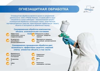 ОГНЕЗАЩИТНАЯ ОБРАБОТКА
Огнезащитная обработка является одним из направлений
деятельности ООО «ГРАНД-Телеком». В своей работе наши
специалисты строго соблюдают технологический процесс
огнезащитной обработки и используют только качественные,
сертифицированные средства, гарантирующие эффективную защиту
объекта от возгорания на заявленный период.
Своевременная обработка компонентов
объекта огнезащитными составами
позволяет:
Своевременно проведенная обработка дает
возможность эффективно защитить широкий
спектр элементов объекта, в том числе:
Эффективно
локализовать очаг на
стадии возгорания
Не допустить
дальнейшего
распространения огня
Ограничить выброс
токсичных продуктов
горения
Максимально замедлить
дальнейшее распространение
огня
Деревянные и
металлические
конструкции
Воздуховод
ы
Кабел
и
Отделочные
материалы
Бето
н
Различные
инженерные системы
 