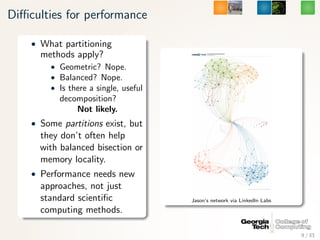 Diﬃculties for performance

    • What partitioning
      methods apply?
        • Geometric? Nope.
        • Balanced? No...