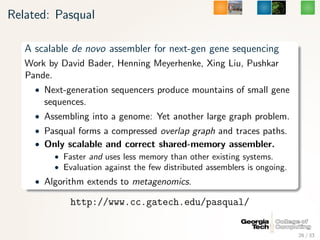 Related: Pasqual

   A scalable de novo assembler for next-gen gene sequencing
   Work by David Bader, Henning Meyerhenke,...