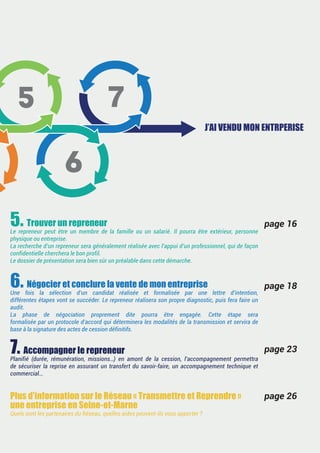 Guide pratique - Le parcours d’une transmission réussie - 5
5. Trouver un repreneur
Le repreneur peut être un membre de la famille ou un salarié. Il pourra être extérieur, personne
physique ou entreprise.
La recherche d’un repreneur sera généralement réalisée avec l’appui d’un professionnel, qui de façon
confidentielle cherchera le bon profil.
Le dossier de présentation sera bien sûr un préalable dans cette démarche.
6. Négocier et conclure la vente de mon entreprise
Une fois la sélection d’un candidat réalisée et formalisée par une lettre d’intention,
différentes étapes vont se succéder. Le repreneur réalisera son propre diagnostic, puis fera faire un
audit.
La phase de négociation proprement dite pourra être engagée. Cette étape sera
formalisée par un protocole d’accord qui déterminera les modalités de la transmission et servira de
base à la signature des actes de cession définitifs.
7. Accompagner le repreneur
Planifié (durée, rémunération, missions…) en amont de la cession, l’accompagnement permettra
de sécuriser la reprise en assurant un transfert du savoir-faire, un accompagnement technique et
commercial...
Plus d’information sur le Réseau « Transmettre et Reprendre »
une entreprise en Seine-et-Marne
Quels sont les partenaires du Réseau, quelles aides peuvent-ils vous apporter ?
J’AI VENDU MON ENTRPERISE
page 16
page 18
page 23
page 26
7
 