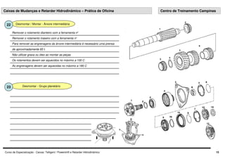 Curso de Especialização - Caixas: Telligent / Powershift e Retarder Hidrodinâmico 15
Desmontar / Montar - Árvore intermediária
22
Não utilizar graxa ou óleo ao montar as peças
Os rolamentos devem ser aquecidos no máximo a 100 C
As engrenagens devem ser aquecidas no máximo a 180 C
de aproximadamente 65 t.
Para remover as engrenagens da árvore intermediária é necessário uma prensa
Remover o rolamento traseiro com a ferramenta nº
Remover o rolamento dianteiro com a ferramenta nº
Desmontar - Grupo planetário
23
Caixas de Mudanças e Retarder Hidrodinâmico – Prática de Oficina Centro de Treinamento Campinas
 