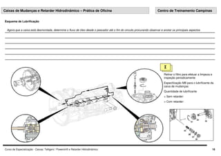 Curso de Especialização - Caixas: Telligent / Powershift e Retarder Hidrodinâmico 18
Esquema de Lubrificação
Agora que a caixa está desmontada, determine o fluxo de óleo desde o pescador até o fim do circuito procurando observar e anotar os principais aspectos
Caixas de Mudanças e Retarder Hidrodinâmico – Prática de Oficina Centro de Treinamento Campinas
I
Retirar o filtro para efetuar a limpeza e
inspeção periodicamente
Especificação MB para o lubrificante da
caixa de mudanças:
Quantidade de lubrificante
> Sem retarder:
> Com retarder:
 