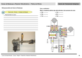 Curso de Especialização - Caixas: Telligent / Powershift e Retarder Hidrodinâmico 28
Caixas de Mudanças e Retarder Hidrodinâmico – Prática de Oficina Centro de Treinamento Campinas
Desmontar / Montar - Unidade de Seleção
41
- Representado na caixa:
Com o multímetro:
Medir a resistência elétrica das eletroválvulas e dos sensores de curso
> Y 29 ................ > Y 34 ................
> Y 30 ................ > B 61 ................
> Y 33 ................ > Y 62 ................
Eletropneumática da Caixa de Mudanças
 