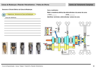 Curso de Especialização - Caixas: Telligent / Powershift e Retarder Hidrodinâmico 32
Caixas de Mudanças e Retarder Hidrodinâmico – Prática de Oficina Centro de Treinamento Campinas
Sensores e Chicote Elétrico da Caixa de Mudanças
Inspecionar- Sensores da Caixa de Mudanças
45
Caixa de referência:
Com o multímetro:
Medir a resistência elétrica das eletroválvulas e do sensor de curso
> Y B 3 .............. > B 62 ................
Identificar: terminais x eletroválvulas / sensor de curso
 
