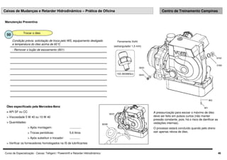 Curso de Especialização - Caixas: Telligent / Powershift e Retarder Hidrodinâmico 46
Caixas de Mudanças e Retarder Hidrodinâmico – Prática de Oficina Centro de Treinamento Campinas
Manutenção Preventiva
Trocar o óleo
50
- Remover o bujão de escoamento (801)
Condição prévia: solicitação de troca pelo WS, equipamento desligado
e temperatura do óleo acima de 60°
C
Óleo especificado pela Mercedes-Benz
 API SF ou CC
 Viscosidade 5 W 40 ou 10 W 40
 Quantidades:
 Após montagem: ..............
 Trocas periódicas: 5,6 litros
 Após substituir o trocador: .............
 Verificar os fornecedores homologados na IS de lubrificantes
Ferramenta Voiht
(estrangulador 1,5 mm)
A pressurização para escoar o máximo de óleo
deve ser feito em pulsos curtos (não manter
pressão constante, pois, há o risco de danificar as
vedações internas).
O processo estará concluído quando pelo dreno
sair apenas névoa de óleo.
 