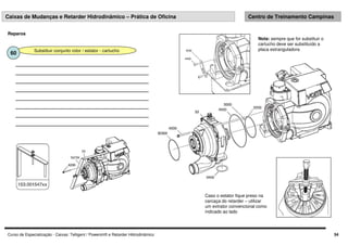 Curso de Especialização - Caixas: Telligent / Powershift e Retarder Hidrodinâmico 54
Caixas de Mudanças e Retarder Hidrodinâmico – Prática de Oficina Centro de Treinamento Campinas
Reparos
Substituir conjunto rotor / estator - cartucho
60
Caso o estator fique preso na
carcaça do retarder – utilizar
um extrator convencional como
indicado ao lado
Nota: sempre que for substituir o
cartucho deve ser substituído a
placa estranguladora
 