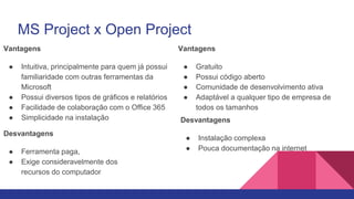MS Project x Open Project
Vantagens
● Gratuito
● Possui código aberto
● Comunidade de desenvolvimento ativa
● Adaptável a qualquer tipo de empresa de
todos os tamanhos
Vantagens
● Intuitiva, principalmente para quem já possui
familiaridade com outras ferramentas da
Microsoft
● Possui diversos tipos de gráficos e relatórios
● Facilidade de colaboração com o Office 365
● Simplicidade na instalação Desvantagens
● Instalação complexa
● Pouca documentação na internet
Desvantagens
● Ferramenta paga,
● Exige consideravelmente dos
recursos do computador
 
