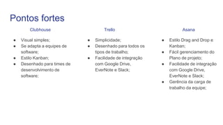 Pontos fortes
Clubhouse
● Simplicidade;
● Desenhado para todos os
tipos de trabalho;
● Facilidade de integração
com Google Drive,
EverNote e Slack;
● Estilo Drag and Drop e
Kanban;
● Fácil gerenciamento do
Plano de projeto;
● Facilidade de integração
com Google Drive,
EverNote e Slack;
● Gerência da carga de
trabalho da equipe;
Trello Asana
● Visual simples;
● Se adapta a equipes de
software;
● Estilo Kanban;
● Desenhado para times de
desenvolvimento de
software;
 