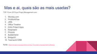 Mas e ai, quais são as mais usadas?
TOP 10 em 2019 por Projec-Management.com:
1. Monday.com
2. ProWorkFlow
3. JIRA
4. Office Timeline
5. Zoho Project Apps
6. Aceproject
7. Procore
8. Buildertrend
9. Bridge24
10. Teamwork CRM
fonte: https://project-management.com/top-10-project-management-software/
 