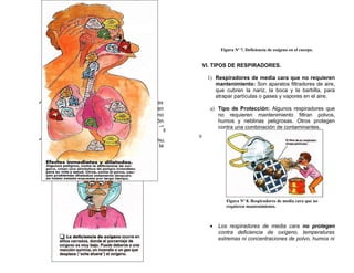 Figura Nº 7. Deficiencia de oxígeno en el cuerpo.


                                                               VI. TIPOS DE RESPIRADORES.

                                                                1) Respiradores de media cara que no requieren
 FIGURA Nº 6. Efectos de los contaminantes en el cuerpo.           mantenimiento: Son aparatos filtradores de aire,
                                                                   que cubren la nariz, la boca y la barbilla, para
                                                                   atrapar partículas o gases y vapores en el aire.
 Deficiencia de Oxígeno y Temperaturas
  extremas: La deficiencia de oxígeno ocurre en                  a) Tipo de Protección: Algunos respiradores que
  sitios cerrados, donde el porcentaje de oxígeno                   no requieren mantenimiento filtran polvos,
  es muy bajo. Puede deberse a una reacción                         humos y neblinas peligrosas. Otros protegen
  química, un incendio o un gas que desplace el                     contra una combinación de contaminantes.
                                                 8
  oxígeno.
                                                           9
 Las Temperaturas extremas (frías o calientes)
  también pueden ser peligrosas según la
  temperatura y el tiempo de exposición.




                                                                        Figura Nº 8. Respiradores de media cara que no
                                                                        requieren mantenimiento.



                                                                 •   Los respiradores de media cara no protegen
                                                                     contra deficiencia de oxígeno, temperaturas
                                                                     extremas ni concentraciones de polvo, humos ni
 