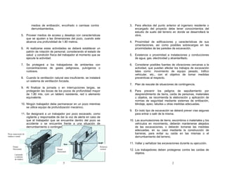 medios de entibación, encofrado o camisas contra                 3. Para efectos del punto anterior el ingeniero residente o
                        derrumbamientos.                                                    encargado del proyecto debe tener conocimientos del
                                                                                            estudio de suelo del terreno en donde se desarrollará la
                5. Proveer medios de acceso y desalojo con características                  obra.
                   que se ajusten a las dimensiones del pozo, cuando este
                   alcance una profundidad de 1.80 metros.                               4. Proximidad de edificaciones y características de sus
                                                                                            cimentaciones, así como posibles sobrecargas en las
                6. Al realizarse estas actividades se deberá establecer un                  proximidades de las paredes de excavación.
                   patrón de rotación de personal, considerando el estado de
                   salud y condición física del trabajador al momento que se             5. Existencia o proximidad a instalaciones y conducciones
                   ejecute la actividad.                                                    de agua, gas, electricidad y alcantarillado.

                7. Se protegerá a los trabajadores de ambientes con                      6. Considerar posibles fuentes de vibraciones cercanas a la
                   concentraciones de gases peligrosos, pulvígenos o                        actividad, que puedan afectar los trabajos de excavación
                   ruidosos.                                                                tales como: movimiento de equipo pesado, tráfico
                                                                                            vehicular, etc., con el objetivo de tomar medidas
                8. Cuando la ventilación natural sea insuficiente, se instalará             preventivas al respecto.
                   un sistema de ventilación forzada.
                                                                                         7. Plan de rescate de situaciones de contingencia.
                9. Al finalizar la jornada o en interrupciones largas, se
                   protegerán las bocas de los pozos de profundidad mayor                8. Para prevenir los peligros de sepultamiento por
                   de 1.80 mts. con un tablero resistente, red o elemento                   desprendimiento de tierra, caída de personas, materiales
                   equivalente.                                                             u objetos, se recomienda la elaboración y aplicación de
                                                                                            normas de seguridad mediante sistemas de entibación,
                10. Ningún trabajador debe permanecer en un pozo mientras                   blindaje, apeo, taludes u otras medidas adecuadas.
                    se utilice equipo de profundización mecánico.
                                                                                         9. En todo tipo de excavación se deberá prever vías seguras
                11. Se designará a un trabajador por pozo excavado, como                    para entrar o salir de la misma.
                    vigilante y responsable de dar la voz de alerta en caso de
                    que el trabajador que se encuentre dentro del pozo se                10. Las acumulaciones de tierra, escombros o materiales y los
                    accidente o se encuentre frente a una situación de                       vehículos en movimiento, deberán mantenerse alejados
                    derrumbamiento o contingencia.                                           de las excavaciones, o deberán tomarse las medidas
                                                                                             adecuadas, en su caso mediante la construcción de
Pieza transversal de                                                                         barreras, para evitar su caída en las mismas o el
madera o metal                                                                               derrumbamiento del terreno.

                                                                                         11. Vallar y señalizar las excavaciones durante su ejecución.
      Puntal                                                                  Refuerzo
      Horizontal                            Puntal                            vertical   12. Los trabajadores deben protegerse contra las caídas de
                                            Horizontal
        Laminado
                                                                                             objetos.
        o cubierta
        de madera.

                                                  5                                                                       2
 