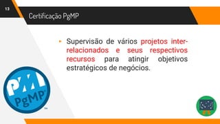 Certificação PgMP
13
▸ Supervisão de vários projetos inter-
relacionados e seus respectivos
recursos para atingir objetivos
estratégicos de negócios.
 