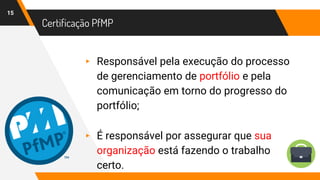 Certificação PfMP
15
▸ Responsável pela execução do processo
de gerenciamento de portfólio e pela
comunicação em torno do progresso do
portfólio;
▸ É responsável por assegurar que sua
organização está fazendo o trabalho
certo.
 