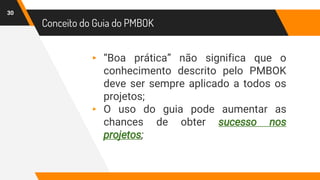 Conceito do Guia do PMBOK
30
▸ “Boa prática” não significa que o
conhecimento descrito pelo PMBOK
deve ser sempre aplicado a todos os
projetos;
▸ O uso do guia pode aumentar as
chances de obter sucesso nos
projetos;
 