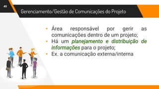 40
Gerenciamento/Gestão de Comunicações do Projeto
▸ Área responsável por gerir as
comunicações dentro de um projeto;
▸ Há um planejamento e distribuição de
informações para o projeto;
▸ Ex. a comunicação externa/interna
 