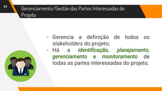43
Gerenciamento/Gestão das Partes Interessadas do
Projeto
▸ Gerencia a definição de todos os
stakeholders do projeto;
▸ Há a identificação, planejamento,
gerenciamento e monitoramento de
todas as partes interessadas do projeto.
 