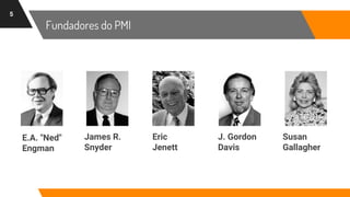 Fundadores do PMI
5
James R.
Snyder
Eric
Jenett
J. Gordon
Davis
E.A. "Ned"
Engman
Susan
Gallagher
 