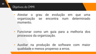 Objetivos do CMMI
53
▸ Atestar o grau de evolução em que uma
organização se encontra num determinado
momento.
▸ Funcionar como um guia para a melhoria dos
processos da organização.
▸ Auxiliar na produção de software com maior
qualidade e menos propenso a erros.
 