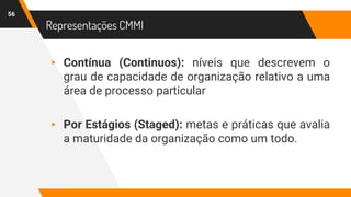 Representações CMMI
56
▸ Contínua (Continuos): níveis que descrevem o
grau de capacidade de organização relativo a uma
área de processo particular
▸ Por Estágios (Staged): metas e práticas que avalia
a maturidade da organização como um todo.
 