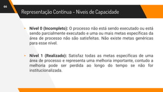 Representação Contínua - Níveis de Capacidade
66
▸ Nível 0 (Incompleto): O processo não está sendo executado ou está
sendo parcialmente executado e uma ou mais metas específicas da
área de processo não são satisfeitas. Não existe metas genéricas
para esse nível.
▸ Nível 1 (Realizado): Satisfaz todas as metas específicas de uma
área de processo e representa uma melhoria importante, contudo a
melhoria pode ser perdida ao longo do tempo se não for
institucionalizada.
 