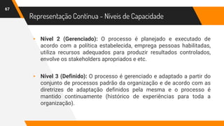 Representação Contínua - Níveis de Capacidade
67
▸ Nível 2 (Gerenciado): O processo é planejado e executado de
acordo com a política estabelecida, emprega pessoas habilitadas,
utiliza recursos adequados para produzir resultados controlados,
envolve os stakeholders apropriados e etc.
▸ Nível 3 (Definido): O processo é gerenciado e adaptado a partir do
conjunto de processos padrão da organização e de acordo com as
diretrizes de adaptação definidos pela mesma e o processo é
mantido continuamente (histórico de experiências para toda a
organização).
 