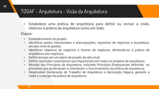 TOGAF - Arquitetura - Visão da Arquitetura
▸ Estabelece uma prática de arquitetura para definir ou revisar a visão,
relativos à prática da arquitetura como um todo;
Etapas:
▸ Estabelecimento do projeto
▸ Identificar partes interessadas e preocupações, requisitos de negócios e arquitetura,
em alto nível de gestão;
▸ Identificar objetivos de negócios e fatores de negócios, alinhando-os à prática de
arquitetura aos negócios;
▸ Definir escopo em um plano de projeto de alto nível;
▸ Definir restrições corporativas que impactariam em todos os projetos de arquitetura;
▸ Revisão dos Princípios de Arquitetura, incluindo Princípios Empresariais definindo os
princípios que governariam e orientariam o funcionamento da prática de arquitetura;
▸ Desenvolver Declaração de Trabalho de Arquitetura e Aprovação Segura, gerando a
visão e o escopo da prática de arquitetura
91
 