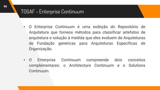 TOGAF - Enterprise Continuum
▸ O Enterprise Continuum é uma exibição do Repositório de
Arquitetura que fornece métodos para classificar artefatos de
arquitetura e solução à medida que eles evoluem de Arquiteturas
de Fundação genéricas para Arquiteturas Específicas de
Organização.
▸ O Enterprise Continuum compreende dois conceitos
complementares: o Architecture Continuum e o Solutions
Continuum.
98
 