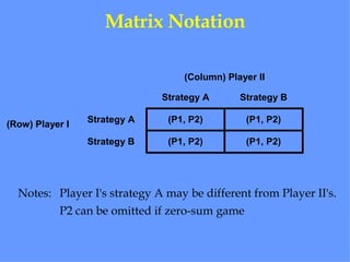 Matrix Notation Notes: Player I's strategy A may be different from Player II's. P2 can be omitted if zero-sum game 