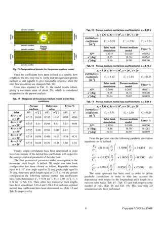 8 Copyright © 2008 by ASME
Fig. 13 Computational domain for the porous medium model
Once the coefficients have been defined at a specific flow
condition, the next step was to verify that the equivalent porous
medium is still capable to give reasonable response when the
inlet flow conditions are changed (Tab. 11).
From data reported in Tab. 11, the model results robust,
giving a maximum error of about 5%, which is considered
acceptable for the present analysis.
Tab. 11 Response of the porous medium model at inlet flow
conditions
Porous
medium
Reference
value
Error %
Inlet ∆P* α’ [°] ∆P* α’ [°] ∆P* α’
Re = 1 106
α = 20°
0.515 16.08 0.515 16.07 -0.08 -0.06
Re = 1 106
α = 10°
0.545 8.01 0.564 8.01 3.55 -0.04
Re = 1 106
α = 0°
0.555 0.00 0.581 0.00 4.63 -
Re = 2 106
α = 20°
0.515 16.08 0.486 16.03 -5.54 -0.31
Re = 5 105
α = 20°
0.515 16.08 0.531 16.28 3.10 1.24
Finally simple correlations have been determined in order
to get an estimate of the inertial loss coefficients with respect to
the main geometrical parameter of the tube bank.
The first geometrical parameter under investigation is the
transverse pitch length. A default 3D single row tube bank
configuration has been chosen as follow: Reynolds number
equal to 1 106
, yaw angle equal to 20 deg, pitch angle equal to
20 deg, transverse pitch length equal to 2.37 d. For the default
configuration the following optimal inertial loss coefficients
have been determined: Cx = 8.58 [m-1
], Cy = 2.90 [m-1
], Cz =
0.34 [m-1
] (Tab. 12). Then, other two transverse pitch lengths
have been considered: 3.16 d and 3.94 d. For each one, optimal
inertial loss coefficients have been determined too (Tab. 13 and
Tab. 14 respectively).
Tab. 12 Porous medium inertial loss coefficients for pt = 2.37 d
pt = 2.37 d, Re = 1 106
, α = 20°, γ = 20°
Inertial loss
coefficients
[m-1
]
C’x = 8.58 C’y = 2.90 C’z = 0.34
Tube bank
simulation
Porous medium
model
Error %
∆P* 0.4517 0.4520 0.0664
α’ [deg] 18.25 18.26 0.0548
γ’ [deg] 19.98 19.98 0.0000
Tab. 13 Porous medium inertial loss coefficients for pt = 3.16 d
pt = 3.16 d, Re = 1 106
, α = 20°, γ = 20°
Inertial loss
coefficients
[m-1
]
Cx = 5.12 Cy = 3.03 Cz = 0.25
Tube bank
simulation
Porous medium
model
Error %
∆P* 0.2696 0.2697 0.0371
α’ [deg] 18.18 18.18 0.0000
γ’ [deg] 20.04 20.05 0.0499
Tab. 14 Porous medium inertial loss coefficients for pt = 3.94 d
pt = 3.94 d, Re = 1 106
, α = 20°, γ = 20°
Inertial loss
coefficients
[m-1
]
Cx = 3.71 Cy = 2.50 Cz = 0.20
Tube bank
simulation
Porous medium
model
Error %
∆P* 0.1956 0.1956 0.0000
α’ [deg] 18.48 18.50 0.1082
γ’ [deg] 20.04 20.05 0.0499
From the previous data the following parabolic correlation
equations can be defined:
2
= 0.1914 - 1.5690 + 3.6434
'
x t t
x
C p p
C d d
   
   
   
(4)
2
= -0.1823 + 1.0650 - 0.5000
'
y t t
y
C p p
C d d
   
   
   
(5)
2
= 0.0943 - 0.8563 + 2.5000
'
t t
z
z
p p
C
C d d
   
   
   
(6)
The same approach has been used in order to define
parabolic correlations in order to take into account the
dependency with respect to the longitudinal pitch length (in a
two-row tube bank) (Tab. 15 - Tab. 17) and with respect to the
number of rows (Tab. 18 and Tab. 19). This time only 2D
simulations have been performed.
 