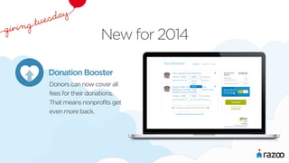 New for 2014 
Donation Booster 
Donors can now cover all 
fees for their donations. 
That means nonprofits get 
even more back. 
 