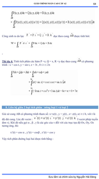 GIÁO TRÌNH TOÁN CAO CẤP A2
Công sinh ra do lực dọc theo cung ðýợc tính bởiầ
Thí dụ 4: Tính tích phân các hàm ỳ ụzờ ẵ ụ xờ Ở ụy dọc theo cung có phýõng
trình ầ x ụ cos tờ y ụ sin tờ z = 3t , 0  t  2
8. Liên hệ giữa 2 loại tích phân ðýờng loại 1 và loại 2
Giả sử cung ồử có phýõng trình tham sốầ xụxậtấ ờ y ụ yậtấ ờ zụ zậtấờ a t  b, với t là
ðộ dài cungề ỡúc ðó vectõ ầ l vectõ pháp tuyến
ðõn vịề ẩhi ðó nếu gọi  ,  ,  là các góc của v ðối với các trục tọa ðộ ẫxờ ẫyờ ẫz
týõng ứngờ thìầ
x’ậtấ ụ cos  , y’ậtấ ụ cos , z’ậtấ ụ cos 
Vậy tích phân ðýờng loại hai ðýợc tính bằng ầ
64
Sưu tầm và chỉnh sửa by Nguyễn Hải Đăng
 