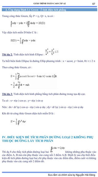 GIÁO TRÌNH TOÁN CAO CẤP A2
2. Ứng dụng Ðịnh Lý Green ðể tính diện tích phẳng
Trong công thức Ứreenờ lấy ỳ ụ-y, Q= x, ta có ầ
Vậy diện tích miền ắ biên ũ là ầ
Thí dụ 2: Tính diện tích hình ừllipse ầ
Ta biết biên hình ừllipse là ðýờng ừllip phýõng trình ầ x ụ acostờ yụ bsintờ ế t  2 
Theo công thức Ứreenờ có ầ
Thí dụ 3: Tính diện tích hình phẳng bằng tích phân ðýờng trong tọa ðộ cựcề
Ta có ầ xụ rậ ) cos  ; y= r( ) sin 
Nên ầ dxụ dr’ậ ) cos  - r( ) sin  d ; dy= dr’ậ ) sin  - r( ) sin  d
Khi ðó từ công thức Ứreen diện tích miền ắ là ầ
IV. ÐIỀU KIỆN ÐỂ TÍCH PHÂN ÐÝỜNG LOẠI 2 KHÔNG PHỤ
THUỘC ÐÝỜNG LẤY TÍCH PHÂN
Thí dụ ≤ cho thấy tích phân ðýờng loại hai không những phụ thuộc vào
các ðiểm ồờ ử mà còn phụ thuộc vào cung nối ị ðiểm ồờửề Ðịnh lý sau cho biết ðiều
kiện ðể tích phân ðýờng loại hai chỉ phụ thuộc vào các ðiểm ðầuờ ðiểm cuối và không
phụ thuộc vào các cung nối ị ðiểm ðóề
67
Sưu tầm và chỉnh sửa by Nguyễn Hải Đăng
 