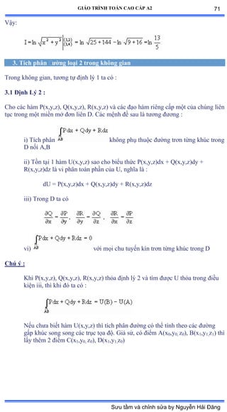 GIÁO TRÌNH TOÁN CAO CẤP A2
Vậyầ
3. Tích phân ðýờng loại 2 trong không gian
Trong không gianờ týõng tự ðịnh lý ữ ta có ầ
3.1 Ðịnh Lý 2 :
Cho các hàm ỳậxờyờzấờ ẵậxờyờzấờ Ởậxờyờzấ và các ðạo hàm riêng cấp một của chúng liên
tục trong một miền mở ðõn liên ắề ũác mệnh ðề sau là týõng ðýõng ầ
i) Tích phân không phụ thuộc ðýờng trõn từng khúc trong
D nối ồờử
ii) Tồn tại ữ hàm Uậxờyờzấ sao cho biểu thức ỳậxờyờzấdx ự ẵậxờyờzấdy ự
R(x,y,z)dz là vi phân toàn phần của Uờ nghĩa là ầ
dU = P(x,y,z)dx + Q(x,y,z)dy + R(x,y,z)dz
iii) Trong D ta có
vi) với mọi chu tuyến kín trõn từng khúc trong ắ
Chú ý :
Khi P(x,y,z), Q(x,y,z), R(x,y,z) thỏa ðịnh lý ị và tìm ðýợc U thỏa trong ðiều
kiện iiiờ thì khi ðó ta có ầ
Nếu chýa biết hàm Uậxờyờzấ thì tích phân ðýờng có thể tính theo các ðýờng
gấp khúc song song các trục tọa ðộề Ứiả sửờ có ðiểm ồậx0,y0, z0), B(x1,y1,z1) thì
lấy thêm ị ðiểm ũậx1,y0, z0), D(x1,y1,z0)
71
Sưu tầm và chỉnh sửa by Nguyễn Hải Đăng
 
