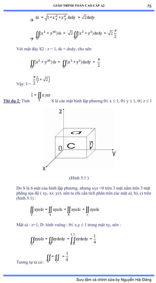 GIÁO TRÌNH TOÁN CAO CẤP A2


Với mặt ðáy Sị ầ z ụ ữờ ds ụ dxdyờ cho nên
Vậyầ ỗ ụ
Thí dụ 2: Tính S là các mặt hình lập phýõngầế x  1, 0 y  1, 0 z  1
(Hình ỏềữ ấ
Do S là ẳ mặt của hình lập phýõngờ nhýng xyz ụế trên ĩ mặt nằm trên ĩ mặt
phẳng tọa ðộ ậ xyờ xzờ yzấờ nên ta chỉ cần tích phân trên các mặt aấờ bấờ cấ trên
(hình ỏềữấ ầ
Mặt aấ ầ zụữờ ắầ hình vuông ầ ế x,y  1 trong mặt xyờ nên ầ
Týõng tự ta có ầ
75
Sưu tầm và chỉnh sửa by Nguyễn Hải Đăng
 