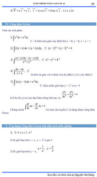 GIÁO TRÌNH TOÁN CAO CẤP A2
IV. Công thức Green
Tính các tích phân
C : là biên tam giác xác ðịnh bởi x ụ ếờ y ụ ếờ x ự y ụ ữ
là biên tứ giác với ở ðỉnh ồậữờếấờ ửậếờữấờ ũậ-1,0), D(0,1)
C: biên miền giới hạn y ụ x2
và yụ ạ
6) Cho f(x,y) có các ðạo hàm riêng liên tục và ầ
Chứng minh với mọi chu tuyến ũ sử dụng ðýợc công thức
Green
V. Ứng dụng Công thức Green tính diện tích miền phẳng
2) D giới hạn bởi y ụ x ờ y ụ x2
ở góc ỗ
3) D: giới hạn bởi y ụ xờ
89
Sưu tầm và chỉnh sửa by Nguyễn Hải Đăng
 